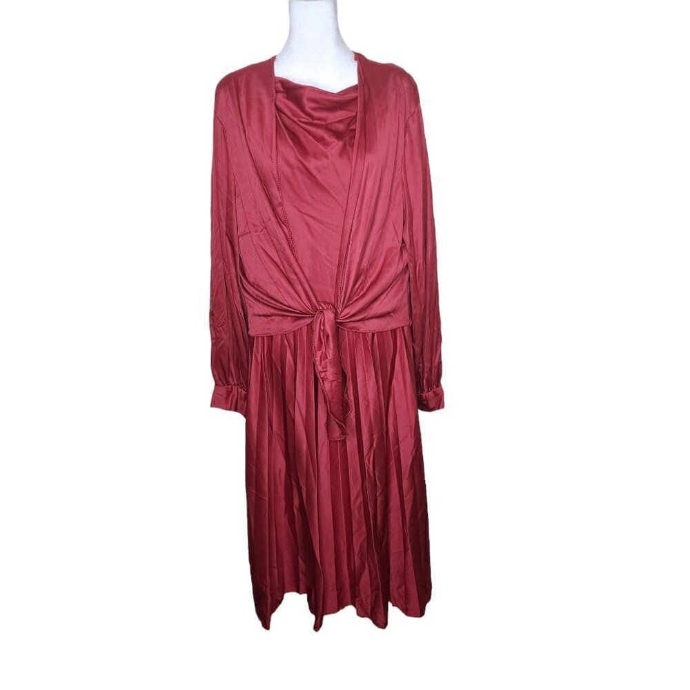 Vintage 70s 2 Piece Blouson Dress Set Tie Shrug Womens Size 2XL Red Volump